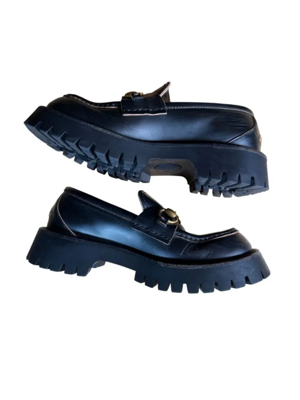 Gucci Cordovan Harald Black Leather Horsebit Lug Sole Loafers Size EU 37 US 7
